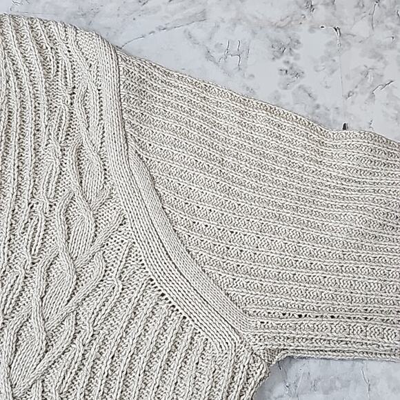 Womens Sz XL Tan Silver Metallic Thread Cable Knit V-neck Tunic Sweater - Picture 6 of 13